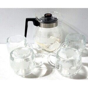 Vtg. NOS Nestle Cafe World Map Carafe And 4 Mugs NEW